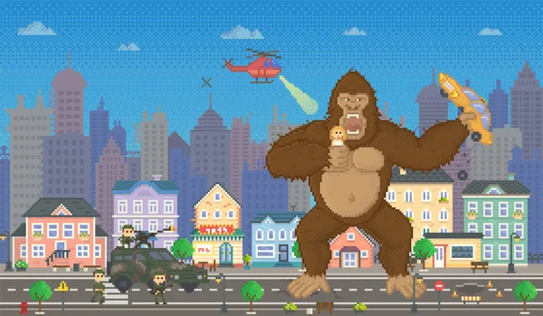 King kong i pixel-spel layout design. Gorilla attackerar mänskligheten, håller pixel flicka i händerna — Stock vektor