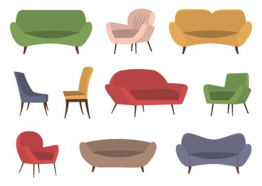 Koltuk ve sandalye hazır. Oturma odası mobilya tasarımı konsepti modern ev içi elementleri izole