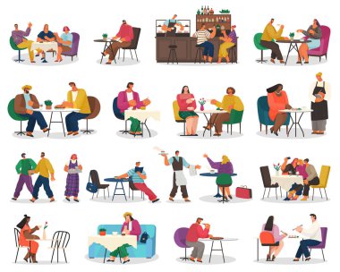 İnsanlar yemek sahneleri hazırlıyor. Arkadaşlar ya da iş ortakları kafede ya da restoranda bir masada oturuyorlar.