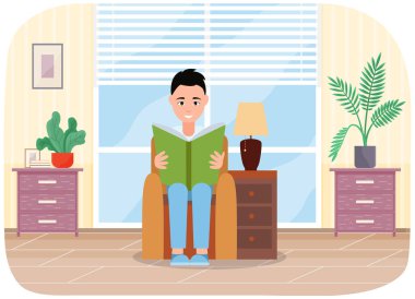 Koltukta oturan kişi edebiyat okuyor. Erkek karakter evde kitap okuyor.