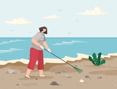 Kadın kirli plajda plastik ve kağıt atıklarını temizliyor.