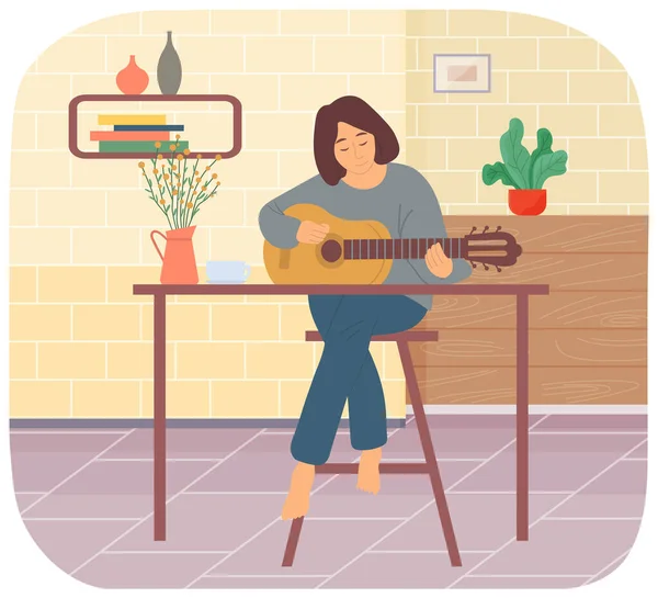 Mujer pasando tiempo en casa. Guitarrista con instrumento acústico. Chica toca la guitarra y crea música — Vector de stock