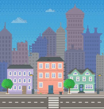 Evler boyunca uzun yolları olan boş bir şehir. Büyük gökdelenleri olan modern şehir mimari manzarası