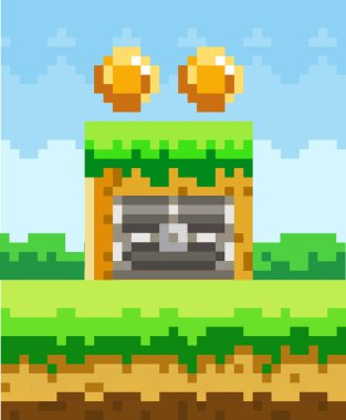 Gökyüzünde bozuk paralar olan piksel- oyun arkaplanı. Yeşil çimen platformu ve göğsü olan pikselli sanat oyunu sahnesi