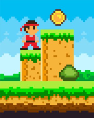 Piksel oyunu ninja erkek cesur karakter. Pikselleştirilmiş doğal manzara ve paranın yanında duran savaşçı.