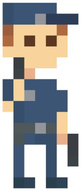 Pikselli silahlı bir polis. Polis memuru mavi üniformalı. Silahlı piksel oyunu karakteri