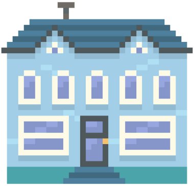 Beyaz arka planda izole edilmiş bir ev. Piksel oyun tasarımı için birçok penceresi olan apartman binası