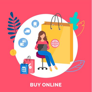 Çevrimiçi alışveriş düzeni için mağaza. Dizüstü bilgisayarı olan kız internet vektör illüstrasyonunda kumaş sipariş ediyor.