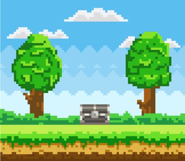 Gökyüzünde göğsü olan piksel- oyun arkaplanı. Yeşil çimen platformu ve uzun ağaçlı pikselli sanat sahnesi