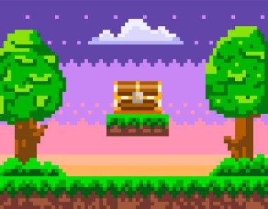 Gökyüzünde göğsü olan piksel- oyun arkaplanı. Yeşil çimen platformu ve uzun ağaçlı pikselli sanat sahnesi