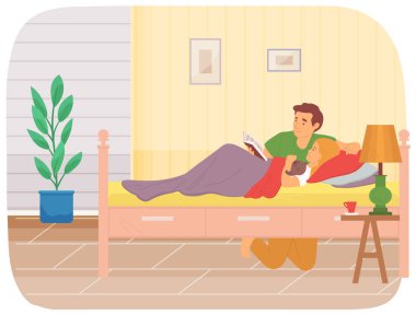 Baba yatağının yanında mutlu kızı için kitap okuyor. Oyuncak ayıyla küçük kız babasını dinliyor.