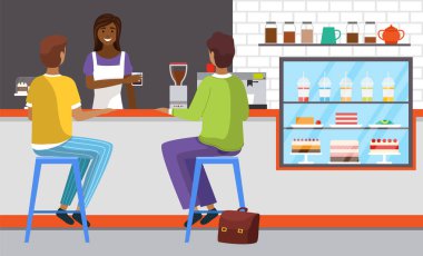 Dost canlısı satıcı kadın çalışıyor ve taze içki satıyor. İnsanlar modern kafede yemek sipariş ediyorlar.