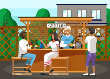 Misafirler açık hava barında dinleniyor. Barmen insanlarla iletişim kurmak için alkol hazırlıyor.