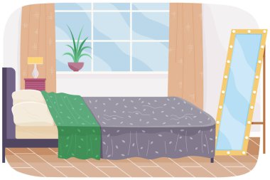 Yatak odası iç tasarım vektör çizimi. Rahat yatağın arka planında pencere, zemin aynası