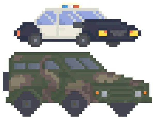 Camión del ejército moderno y coche de policía para el diseño del pixel-juego. Técnicas militares, equipo pesado de la fuerza — Vector de stock