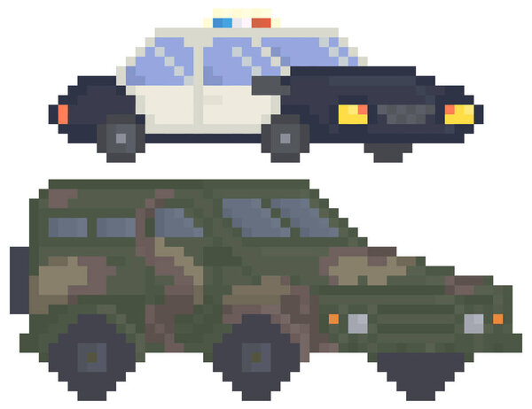 Modern army truck and police car for pixel-game design. Military technics, force heavy equipment