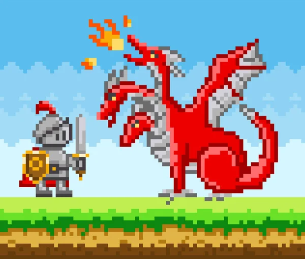 Піксельний природний пейзаж з воїном, який тримає щит і меч, борючись проти червоного дракона — стоковий вектор
