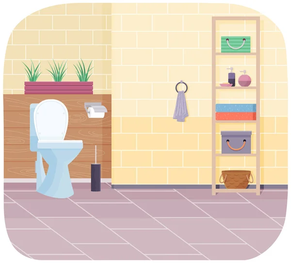 Rengör modern toalett med vit keramisk toalettskål, papper och borste. Vatten garderob med beige väggplattor — Stock vektor