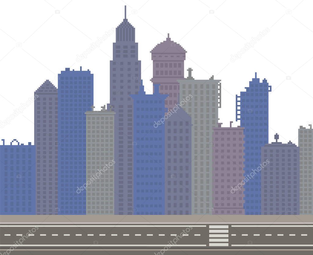 City downtown landscape with skyscraper silhouettes. Low-rise buildings on background of sky