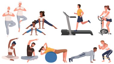 Spor aktivitesi sahneleri ayarlandı. Karantina sırasında eğitim. İnsanlar spor için spor yapıyor, spor yapıyor.