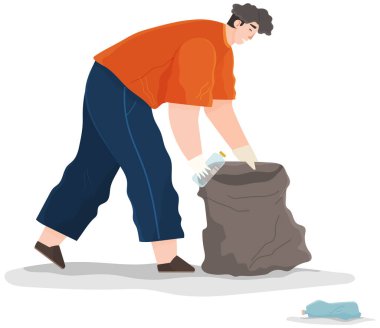 Erkek karakter çöp torbasına şişe atıyor. Çizgi film karakteri plastik ve kağıdı kaldırıyor.