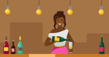 Kız bardağa şampanya dolduruyor. Barda çalışan ve kokteylleri karıştıran Afro-Amerikalı kadın.