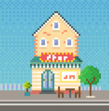 Yol kenarında iki katlı bir ev. Gökyüzüne karşı pikseller. Ağaçlı kulübe, tuğla bina.