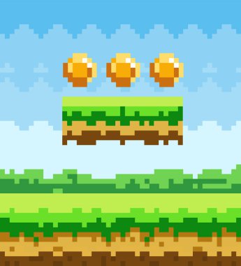 Gökyüzünde bozuk paralar olan piksel- oyun arkaplanı. Yeşil çimen platformunda ödülü olan pikselli sanat oyunu sahnesi