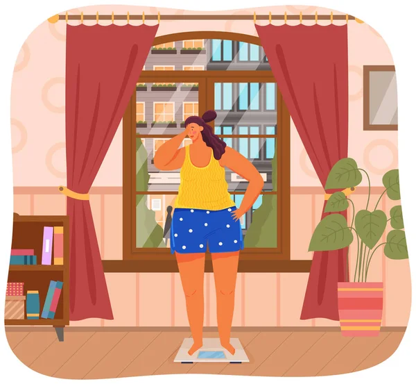 Ragazza in sovrappeso si vergogna del suo peso. Giovane donna in piedi su bilance e la ponderazione a casa — Vettoriale Stock
