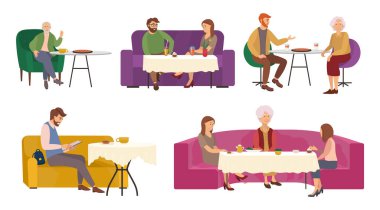 Yiyeceklerle ortak akşam yemeği hakkında bir dizi çizim. İnsanlar yemek yerken iletişim kurar.