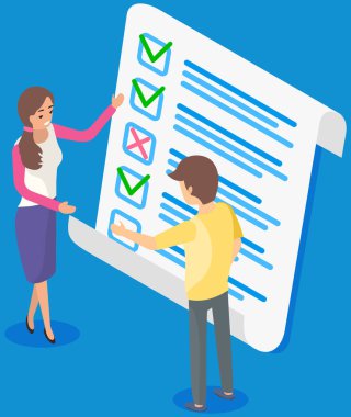 İnsanlar anket çalışıyor. Karakter kontrolü ve not testi. Erkek kadına danışıyor ve tartışıyor.