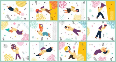 Soyut hayali uzayda uçan insanlar geometrik şekiller düzenliyorlar. Takım çalışması konsept sahneleri