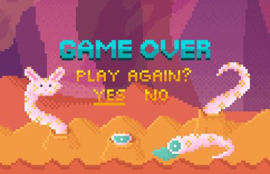 Piksel biçiminde bilgisayar oyunu için piksellenmiş dokunaç canavarı. Oyun sonu ve seçim arayüzünü yeniden başlat