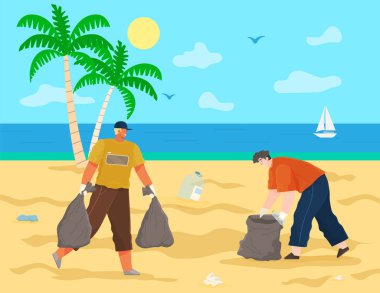 İnsanlar, tropikal adada palmiye ağaçları olan kirlenmiş alanlarda plastik ve kağıt atıkları topluyorlar.