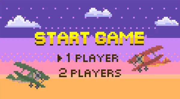 Inicio del juego e interfaz de selección de jugadores. Página de inicio del juego Pixel. Transporte aéreo volando en el cielo — Vector de stock