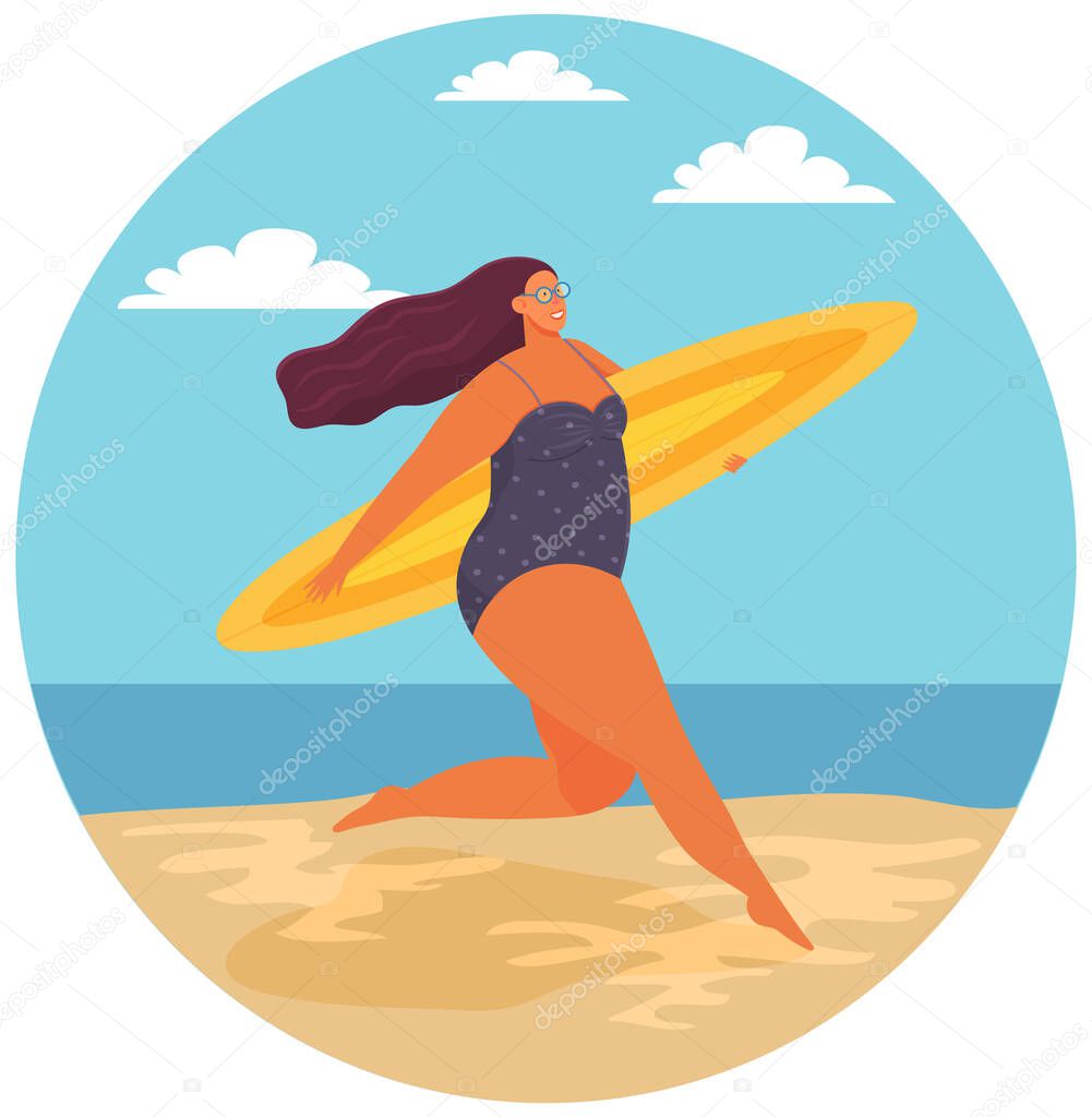 Plump girl running with surfboard. Rest in summer at sea. Person in swimsuit resting at resort