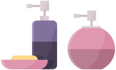 Pompa şişeleri ve bir kalıp sabun. Kozmetik ürünler seti. Plastik kapta sıvı krem sabun