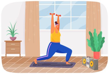 Evde halterli şişman kadın eğitimi. Obez, şişman, şişman kadın halter egzersizleri yapıyor.