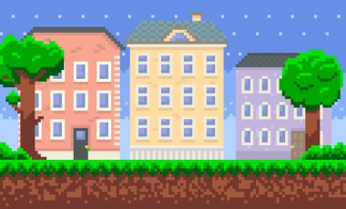 Yeşil alanlar ve bitkilerle çevrili bir ev. Piksel oyun tasarımı için birçok penceresi olan bina