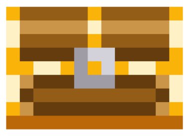 Piksel oyun tasarımı için tahta kapalı göğüs. Piksel resim simgesi. Korsan sandığı pikselli gizli ödül kutusu