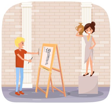 Stüdyoda tuvale resim çiziyor. Resme poz veren antika vazosu olan kız model.