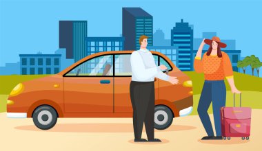 Geziler için araba kiralamak ve kiralamak. Kadın ev sahibiyle seyahat hakkında konuşuyor.