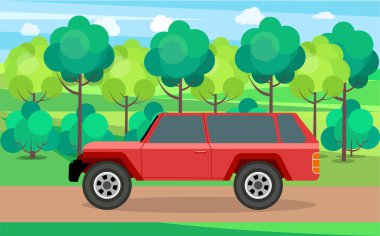 Şehir caddesi boyunca çizgi film tarzında modern araba parkı. Şehir caddesinde araç var.