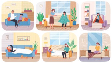 Ev tedavisi hakkında bir dizi çizim. İnsanlar hastalıktan muzdarip. Ebeveynler çocuklara bakar.