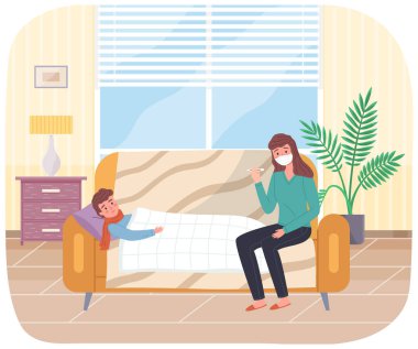 Annem hastaya termometre veriyor. Üşümüş erkek karakter kanepede yatıyor. Anne oğluna bakıyor.