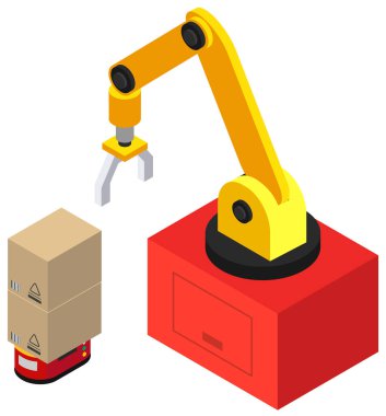 Modern teknik manipülatör paketli kutuları topluyor. Yükleme için robot kol mekanik aygıtı