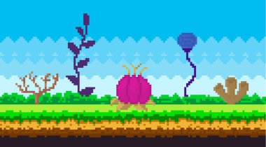 Piksel- oyun arayüzü soyut tasarım. Yeşil çimlerde pikselli yabancı bitkilerle dolu bir açıklık.