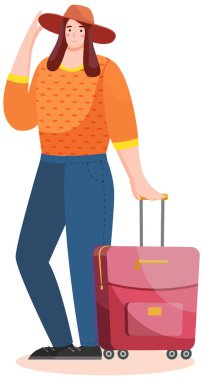 Yuvarlanan bavullu kadın turist. Bavullu kişi turizme katılır.