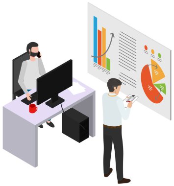 İnsan diyagramda gösterilen istatistikleri inceler ve notlar alır. Erkekler işyerindeki verilerle çalışırken