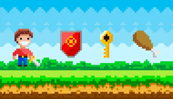 Pixel művészet játék háttér-val fiatal férfi kard és pixelezett mágikus tárgyak a természetben Landsape — Stock Vector